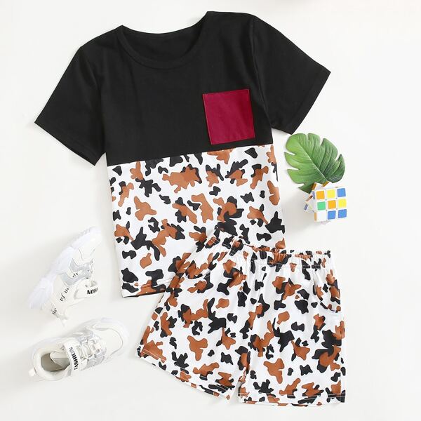 

Boys Graphic Print Spliced Tee & Shorts, Multicolor