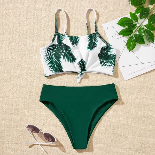 

Leaf Random Print Knot Hem Bikini Swimsuit, Multicolor