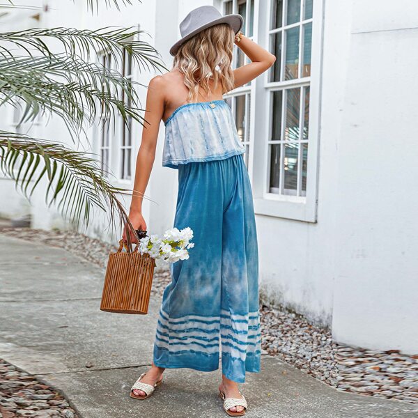 

Striped Print Tie Dye Wide Leg Jumpsuit, Blue and white