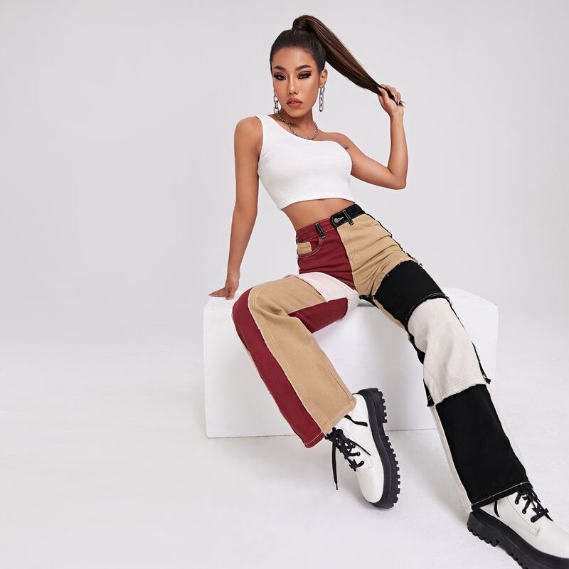 

High Waist Color Block Jeans, Multicolor
