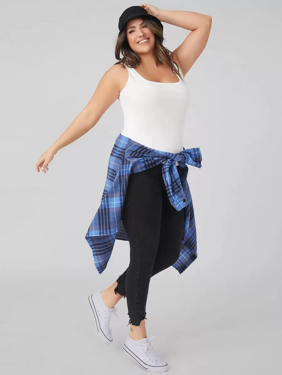 SHEIN BASICS Plus Cotton Square Neck Solid Tank Top - White - View 1