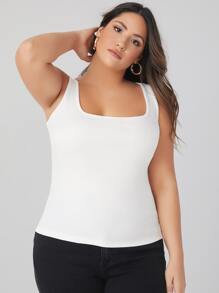 SHEIN BASICS Plus Cotton Square Neck Solid Tank Top - White - View 3