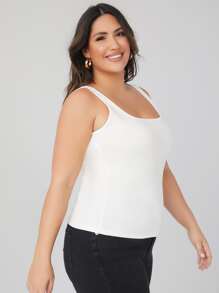 SHEIN BASICS Plus Cotton Square Neck Solid Tank Top - White - View 4