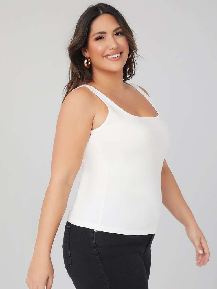 SHEIN BASICS Plus Cotton Square Neck Solid Tank Top - White - View 4