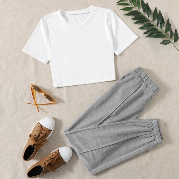 

Solid Crop Tee With Sweatpants, Multicolor