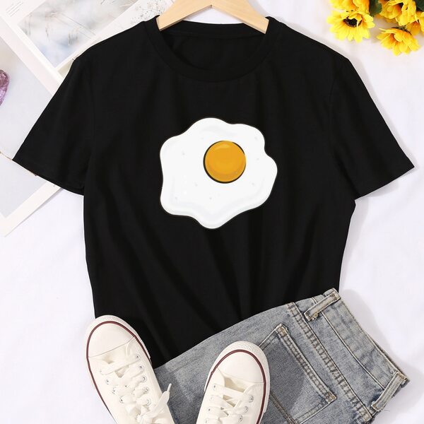 

Cartoon Graphic Round Neck Tee, Black