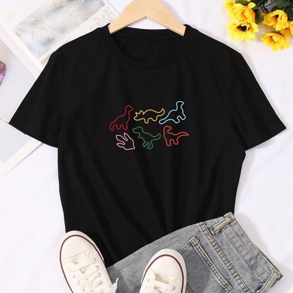

Cartoon Graphic Round Neck Tee, Black