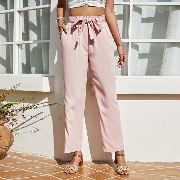 

Paperbag Waist Belted Straight Pants, Dusty pink