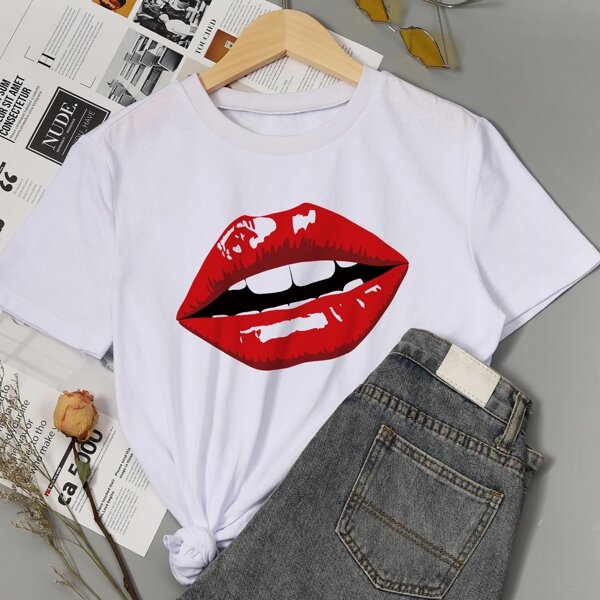 

Lip Graphic Round Neck Tee, White