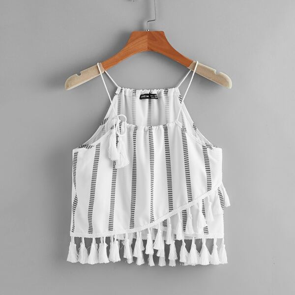 

Striped Fringe Trim Cami Top, White