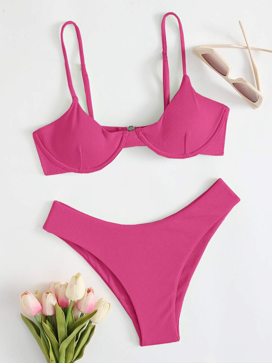 Conjunto de bikini con aros y ribete para la playa de verano - Rosa Fucsia - Ver 1
