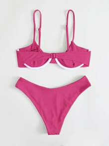 Conjunto de bikini con aros y ribete para la playa de verano - Rosa Fucsia - Ver 2