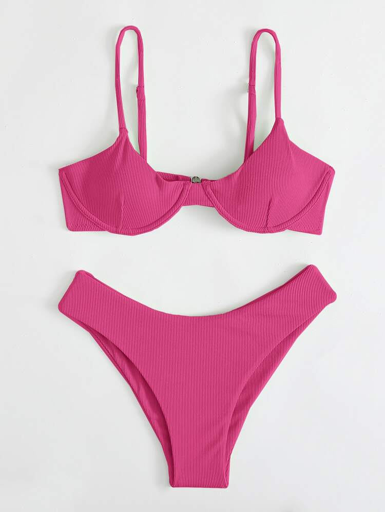 Rib Underwire Bikini Set Summer Beach - Hot Pink - View 3