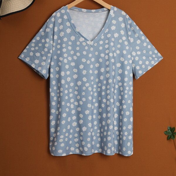 

Plus V-neck Ditsy Floral Tee, Dusty blue