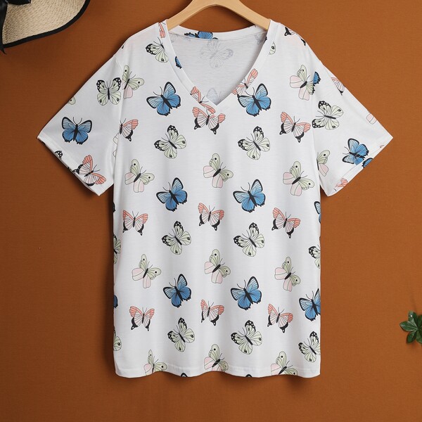

Plus V-neck Butterfly Print Tee, White