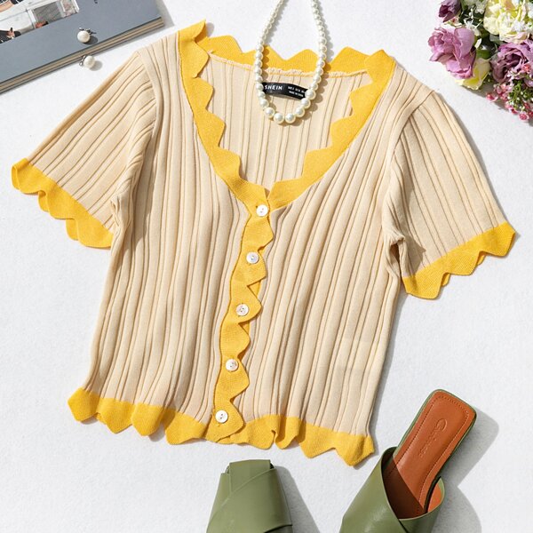 

Scallop Trim Rib-knit Cardigan, Apricot