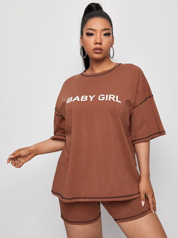 SHEIN EZwear Plus Contrast Stitch Letter Graphic Top & Biker Shorts Set