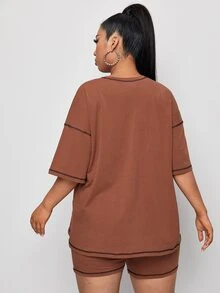 SHEIN EZwear Plus Contrast Stitch Letter Graphic Top & Biker Shorts Set - Rust Brown - View 2