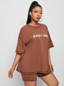SHEIN EZwear Plus Contrast Stitch Letter Graphic Top & Biker Shorts Set - Rust Brown - View 3