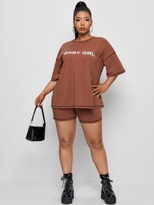 SHEIN EZwear Plus Contrast Stitch Letter Graphic Top & Biker Shorts Set - Rust Brown - View 4
