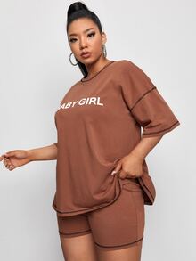 SHEIN EZwear Plus Contrast Stitch Letter Graphic Top & Biker Shorts Set - Rust Brown - View 5