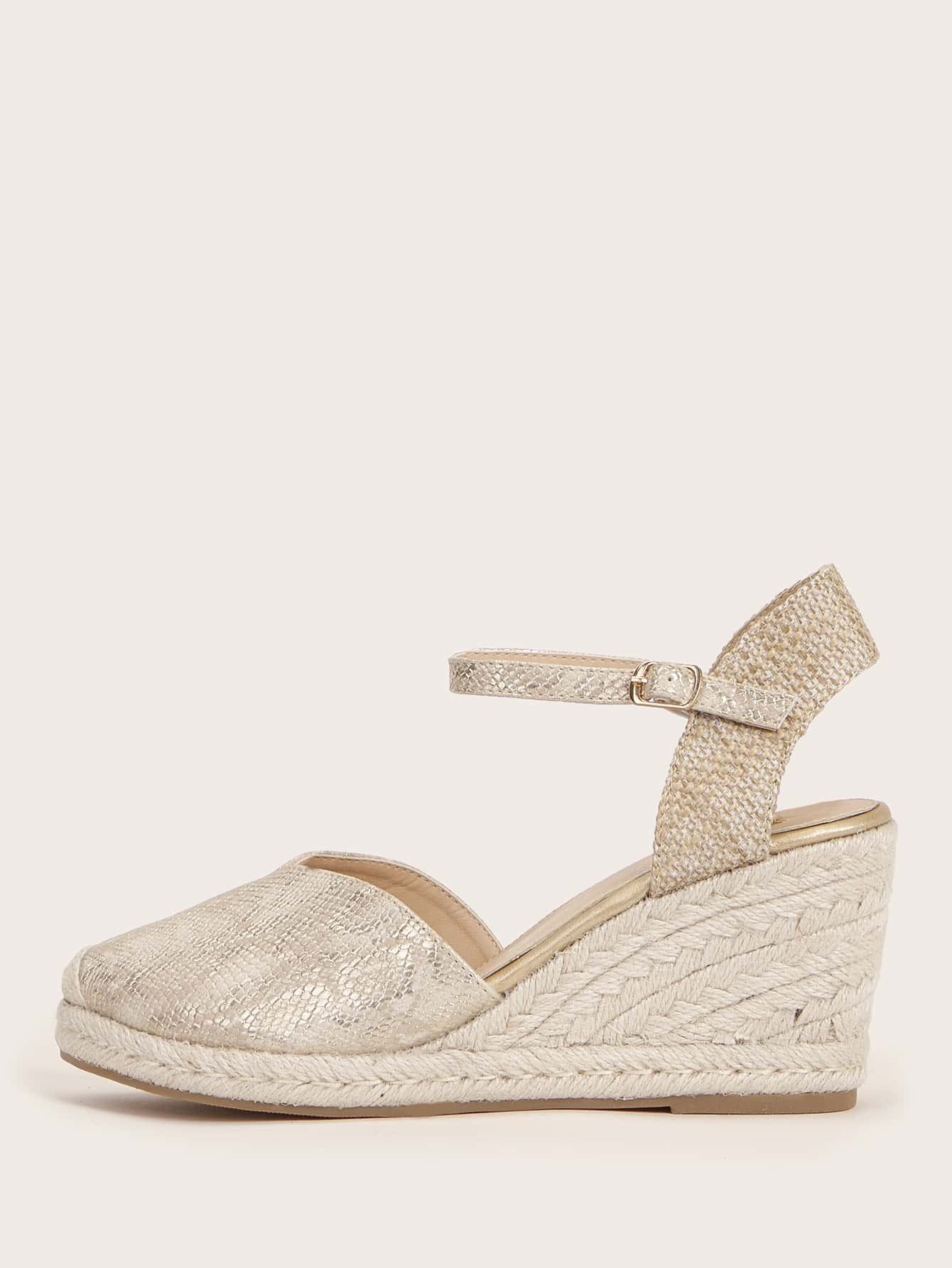 Snakeskin Print Ankle Strap Espadrille Wedges - Gold - View 1