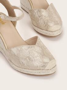 Snakeskin Print Ankle Strap Espadrille Wedges - Gold - View 3