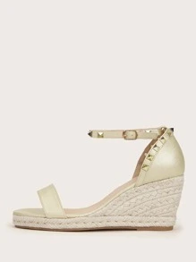 Studded Decor Ankle Strap Espadrille Wedges - Gold - View 1