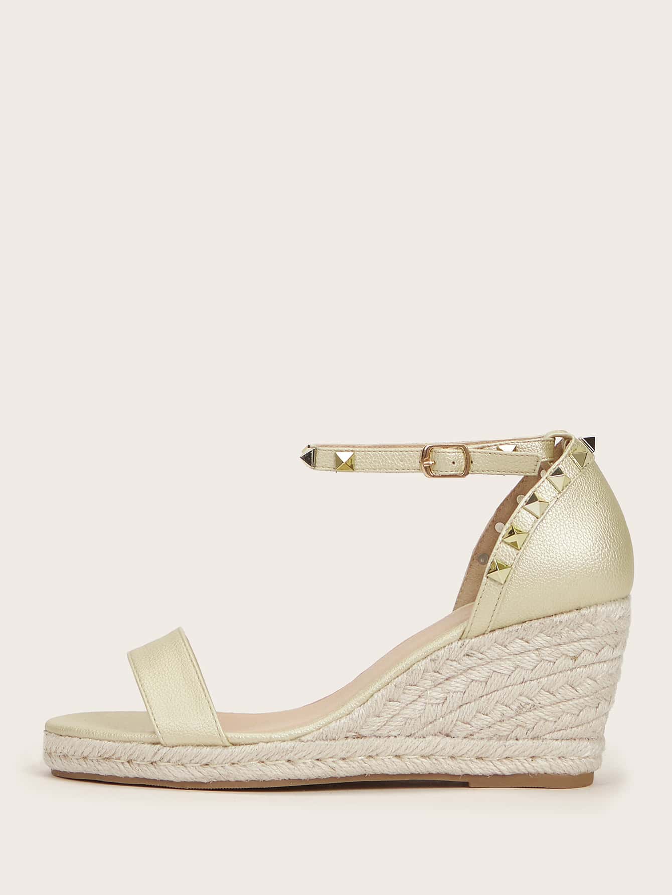 Studded Decor Ankle Strap Espadrille Wedges - Gold - View 1