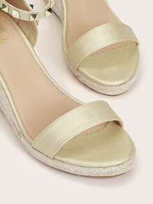 Studded Decor Ankle Strap Espadrille Wedges - Gold - View 3