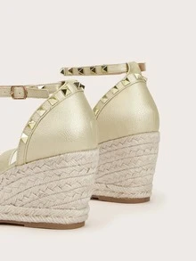 Studded Decor Ankle Strap Espadrille Wedges - Gold - View 4