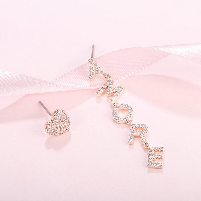 

Rhinestone Letter & Heart Decor Mismatched Earrings, Rose gold