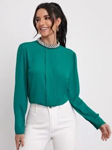 SHEIN Clasi 珍珠串珠小高領折紋襯衫 - 綠色 - 查看 3