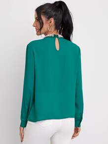 SHEIN Clasi 珍珠串珠小高領折紋襯衫 - 綠色 - 查看 2