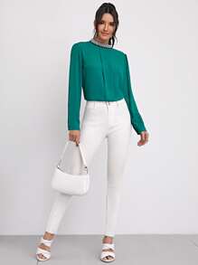 SHEIN Clasi 珍珠串珠小高領折紋襯衫 - 綠色 - 查看 5