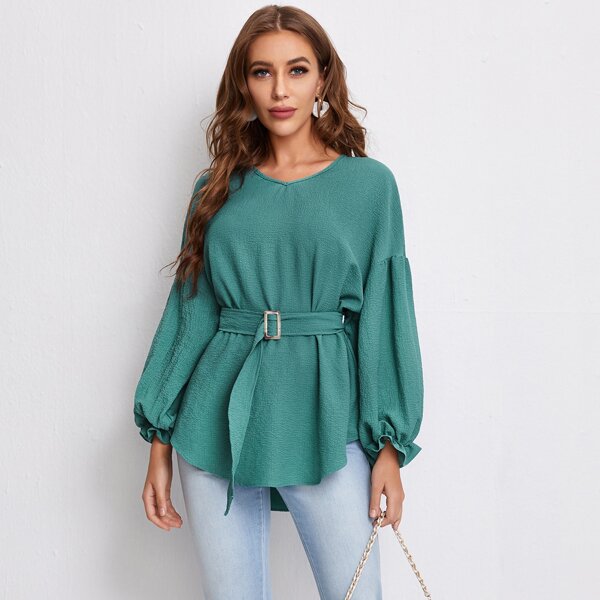 

Lantern Sleeve Self Buckle Belted Top, Green