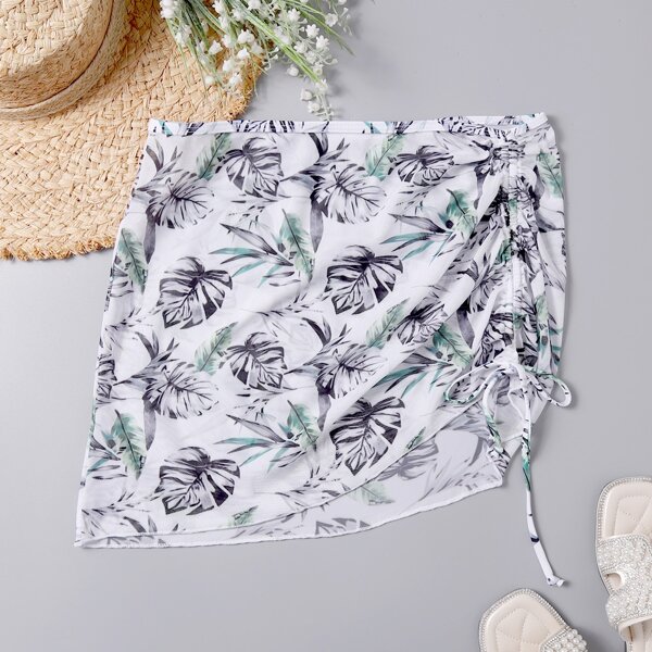 

Tropical Drawstring Side Cover Up Skirt, White