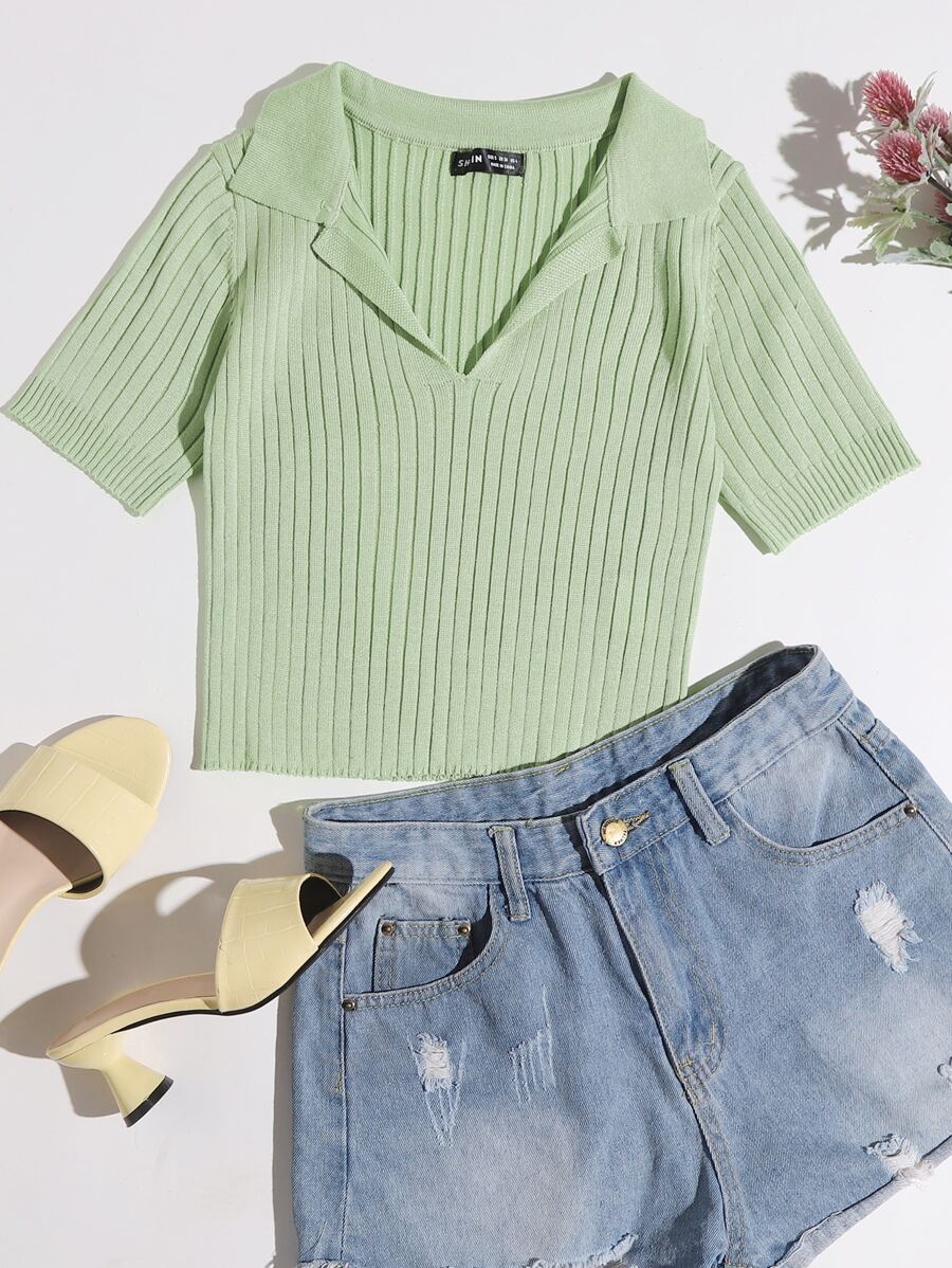Solid Ribbed Knit Top - Mint Green - View 1