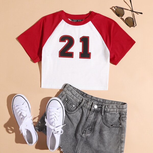 

Letter Graphic Raglan Sleeve Crop Tee, Red and white