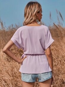 SHEIN LUNE Batwing Sleeve Surplice Front Belted Blouse - Lilac Purple - View 2