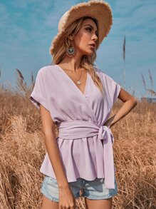 SHEIN LUNE Batwing Sleeve Surplice Front Belted Blouse - Lilac Purple - View 3