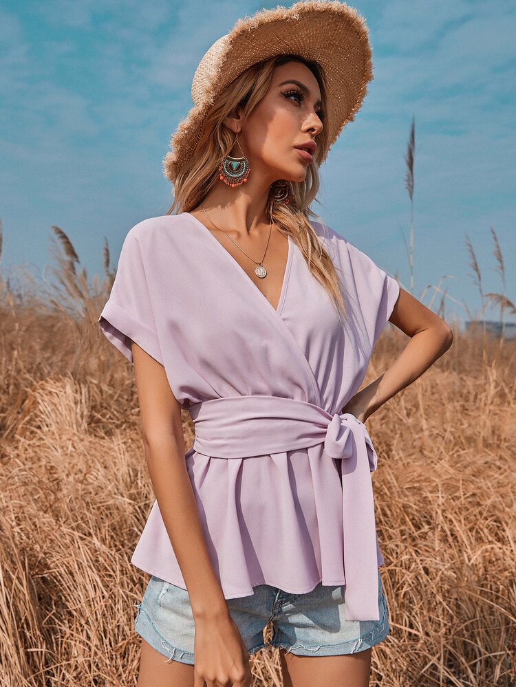 SHEIN LUNE Batwing Sleeve Surplice Front Belted Blouse - Lilac Purple - View 3