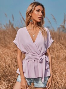 SHEIN LUNE Batwing Sleeve Surplice Front Belted Blouse - Lilac Purple - View 5