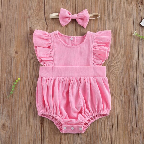 

Baby Girl Solid Ruffle Trim Corduroy Bodysuit & Headband, Pink