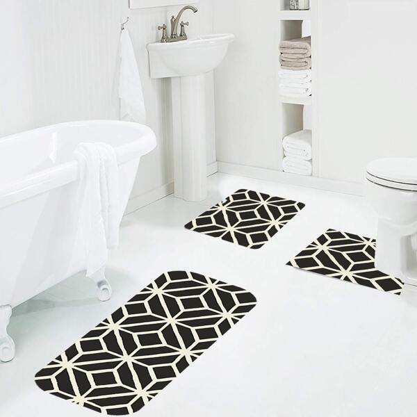 

1pc Geometric Pattern Bath Mat, Black and white