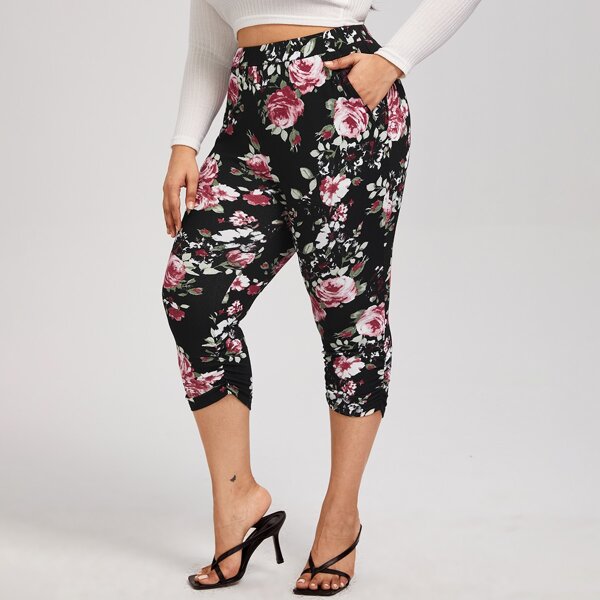 

Plus Floral Ruched Hem Pants, Multicolor
