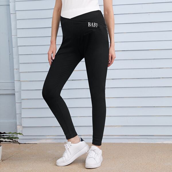 

Maternity Overlap Waist Letter Graphic Leggings, Black