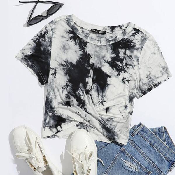 

Plus Tie Dye Twist Front Tee, Black and white