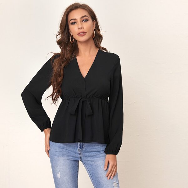 

Solid Surplice Front Tie Front Peplum Blouse, Black