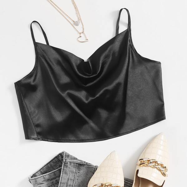 

Solid Bow Back Satin Crop Cami Top, Black